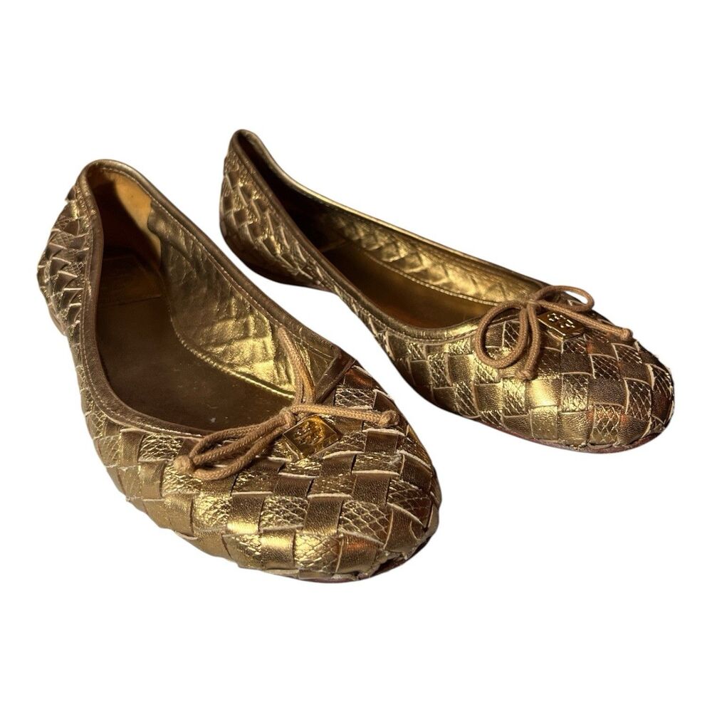 Tory Burch Huarache Womens Ballet Flats Gold Woven Leather Metallic Size 8.5 M